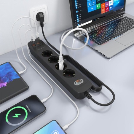 Regleta con interruptor aisens asps-2a2c13-bk 4 tomas de corriente 2 usb 2 usb tipo-c cable 1.4m negro