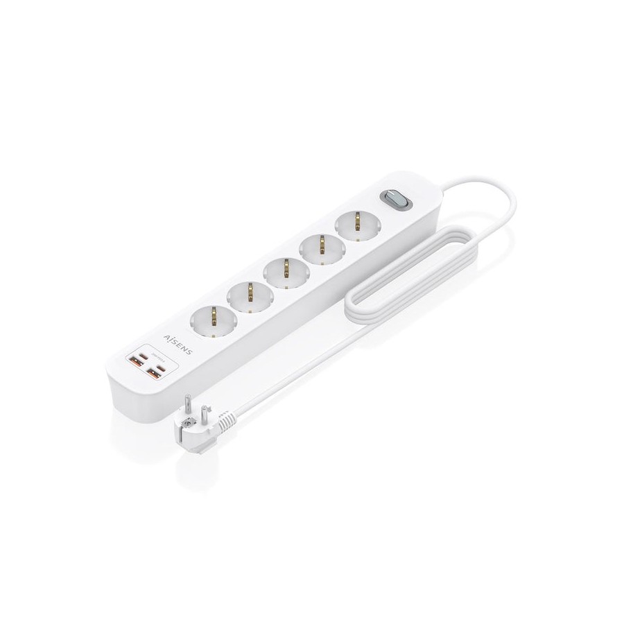 Regleta con interruptor aisens asps-2a2c14-w 5 tomas de corriente 2 usb 2 usb tipo-c cable 1.4m blanco