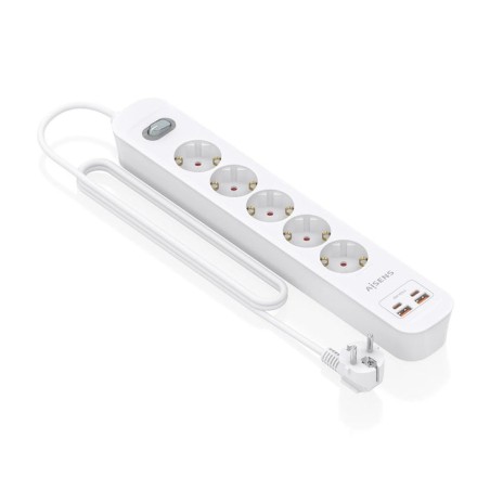 Regleta con interruptor aisens asps-2a2c14-w 5 tomas de corriente 2 usb 2 usb tipo-c cable 1.4m blanco