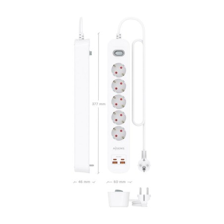 Regleta con interruptor aisens asps-2a2c14-w 5 tomas de corriente 2 usb 2 usb tipo-c cable 1.4m blanco