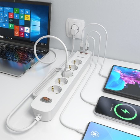 Regleta con interruptor aisens asps-2a2c14-w 5 tomas de corriente 2 usb 2 usb tipo-c cable 1.4m blanco