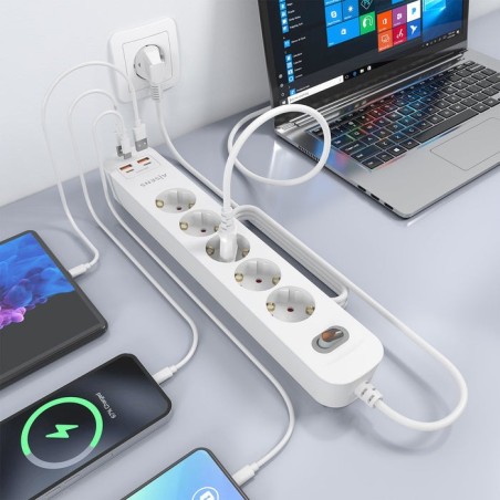 Regleta con interruptor aisens asps-2a2c14-w 5 tomas de corriente 2 usb 2 usb tipo-c cable 1.4m blanco
