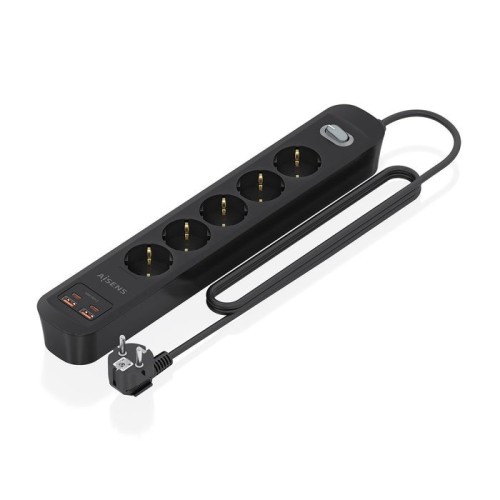 Regleta con interruptor aisens a154-0536 5 tomas de corriente 2 usb 2 usb tipo-c cable 1.4m negro