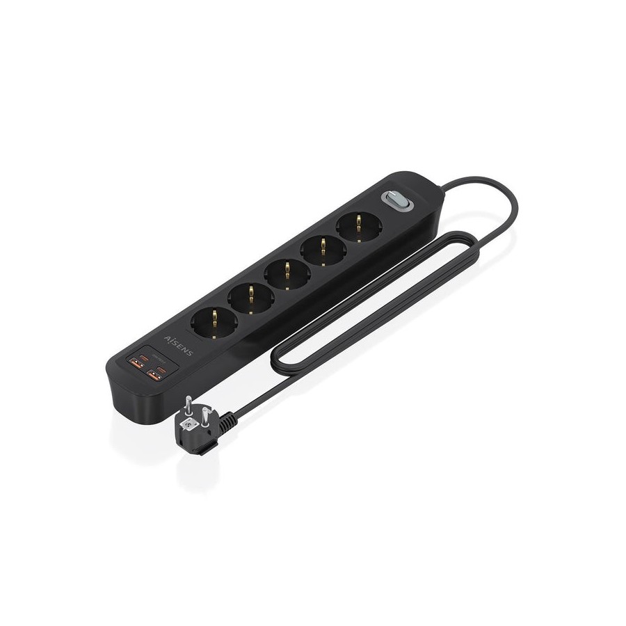 Regleta con interruptor aisens a154-0536 5 tomas de corriente 2 usb 2 usb tipo-c cable 1.4m negro