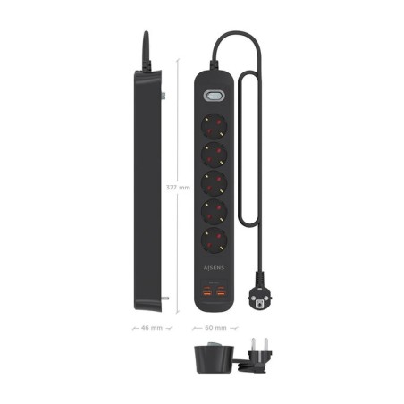 Regleta con interruptor aisens a154-0536 5 tomas de corriente 2 usb 2 usb tipo-c cable 1.4m negro