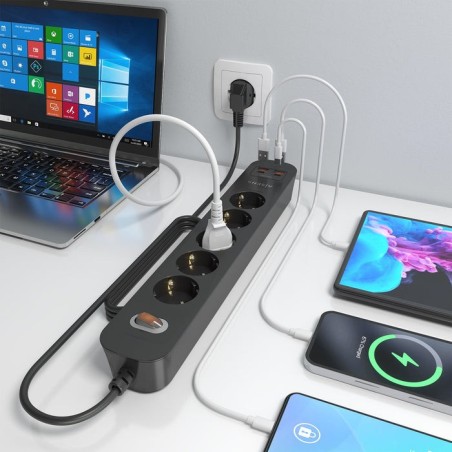 Regleta con interruptor aisens a154-0536 5 tomas de corriente 2 usb 2 usb tipo-c cable 1.4m negro