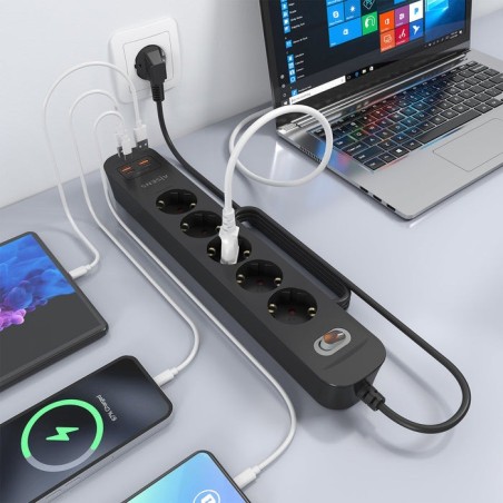 Regleta con interruptor aisens a154-0536 5 tomas de corriente 2 usb 2 usb tipo-c cable 1.4m negro