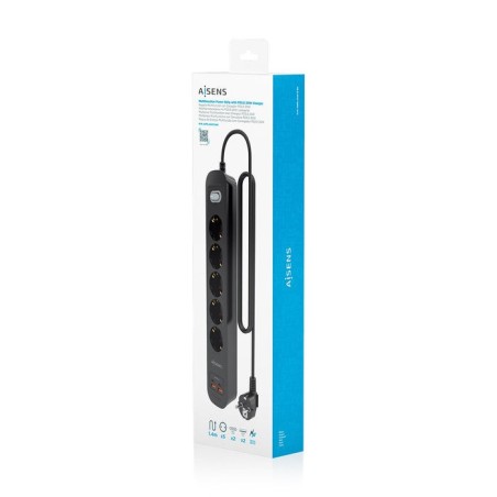 Regleta con interruptor aisens a154-0536 5 tomas de corriente 2 usb 2 usb tipo-c cable 1.4m negro