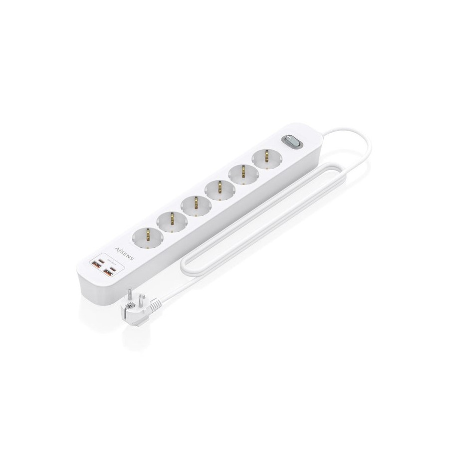 Regleta con interruptor aisens asps-2a2c16-w 6 tomas de corriente 2 usb 2 usb tipo-c cable 1.4m blanco