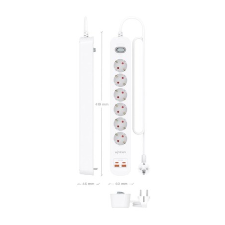 Regleta con interruptor aisens asps-2a2c16-w 6 tomas de corriente 2 usb 2 usb tipo-c cable 1.4m blanco