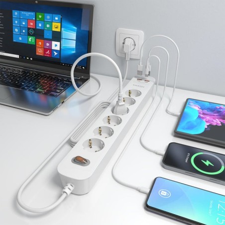 Regleta con interruptor aisens asps-2a2c16-w 6 tomas de corriente 2 usb 2 usb tipo-c cable 1.4m blanco