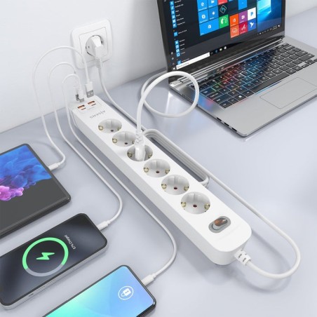 Regleta con interruptor aisens asps-2a2c16-w 6 tomas de corriente 2 usb 2 usb tipo-c cable 1.4m blanco