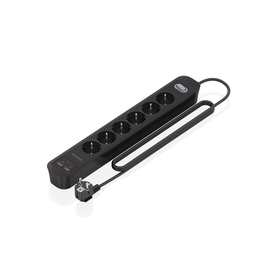 Regleta con interruptor aisens asps-2a2c17-bk 6 tomas de corriente 2 usb 2 usb tipo-c cable 1.4m negro