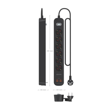 Regleta con interruptor aisens asps-2a2c17-bk 6 tomas de corriente 2 usb 2 usb tipo-c cable 1.4m negro