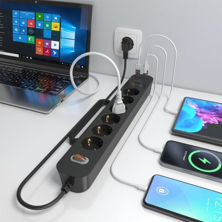 Regleta con interruptor aisens asps-2a2c17-bk 6 tomas de corriente 2 usb 2 usb tipo-c cable 1.4m negro