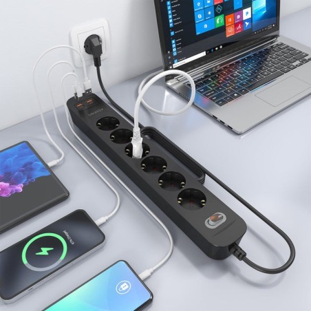 Regleta con interruptor aisens asps-2a2c17-bk 6 tomas de corriente 2 usb 2 usb tipo-c cable 1.4m negro