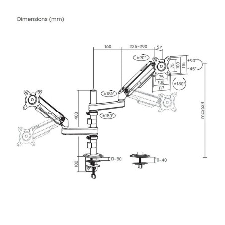 Soporte de mesa con contrapeso para 2 monitores aisens dt32tsr-441 giratorio inclinable hasta 9kg