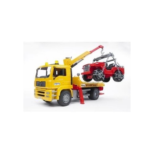 Bruder man tga breakdown truck with cross country vehicle vehículo de juguete