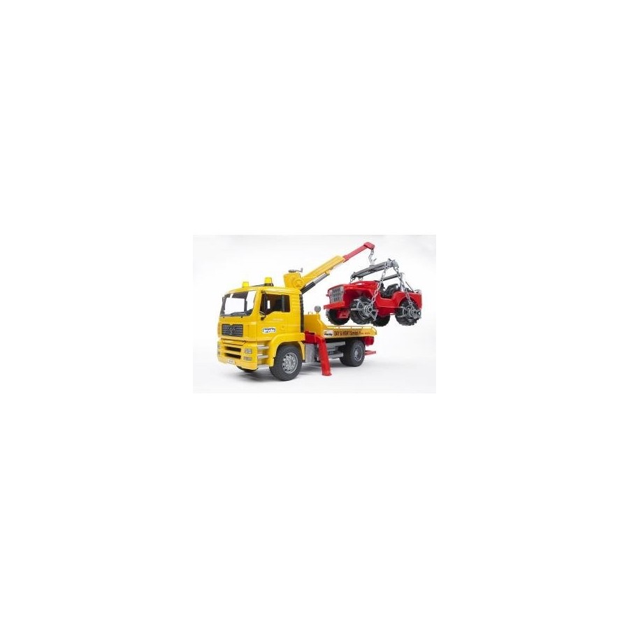 Bruder man tga breakdown truck with cross country vehicle vehículo de juguete