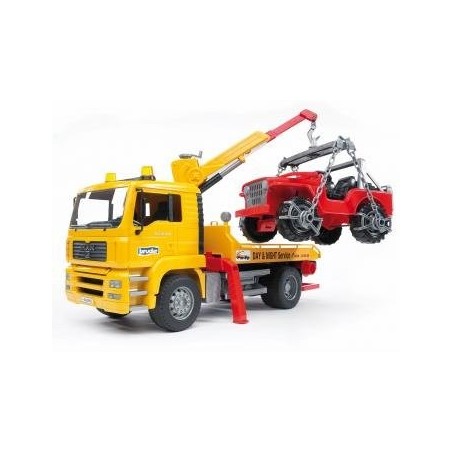 Bruder man tga breakdown truck with cross country vehicle vehículo de juguete