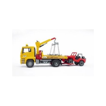Bruder man tga breakdown truck with cross country vehicle vehículo de juguete