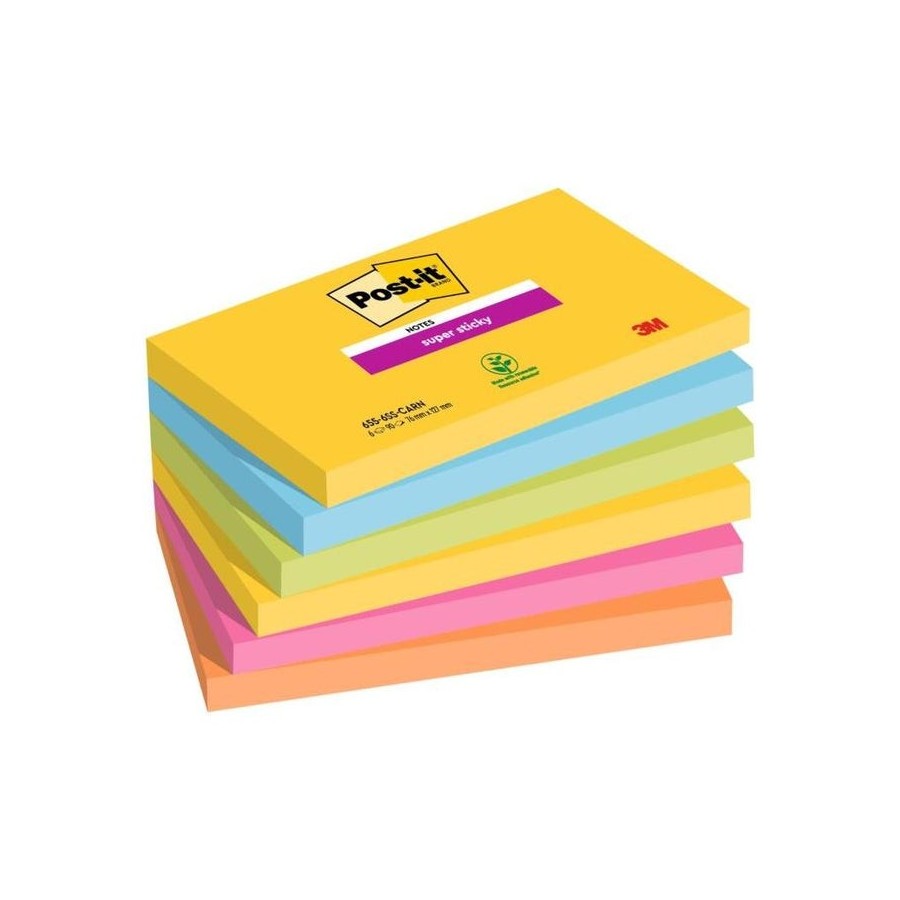 Post-it super sticky pack de 6 blocs de 90 notas adhesivas reposicionables - forma rectangular - colores surtidos