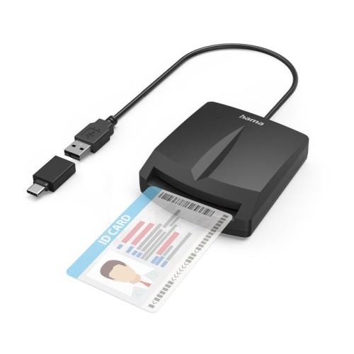 Hama single lector de tarjeta inteligente dni - indicador led - cable usb-a integrado - adaptador usb-c - negro