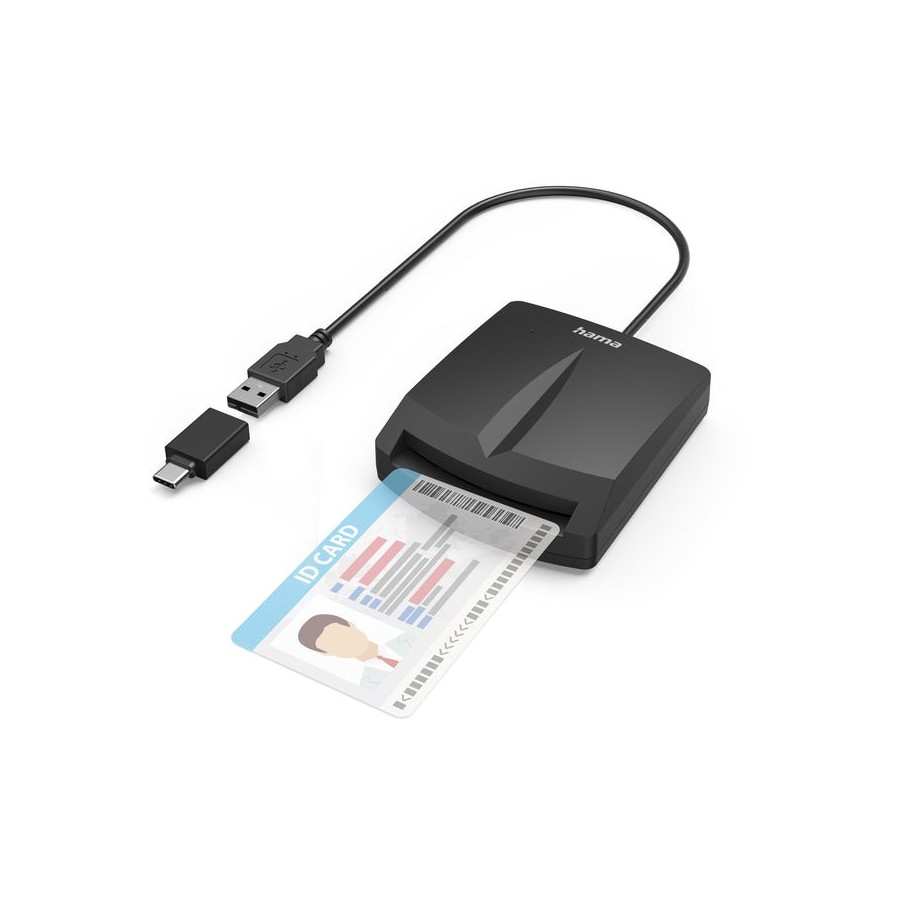 Hama single lector de tarjeta inteligente dni - indicador led - cable usb-a integrado - adaptador usb-c - negro