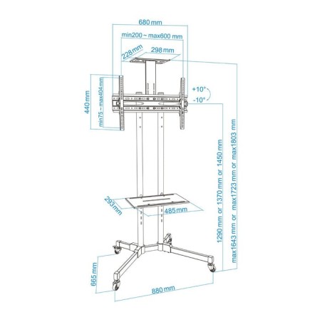 Tooq soporte de pantalla de suelo con ruedas 37"-70" - bloqueo de ruedas - dos estantes - peso max 50kg - vesa