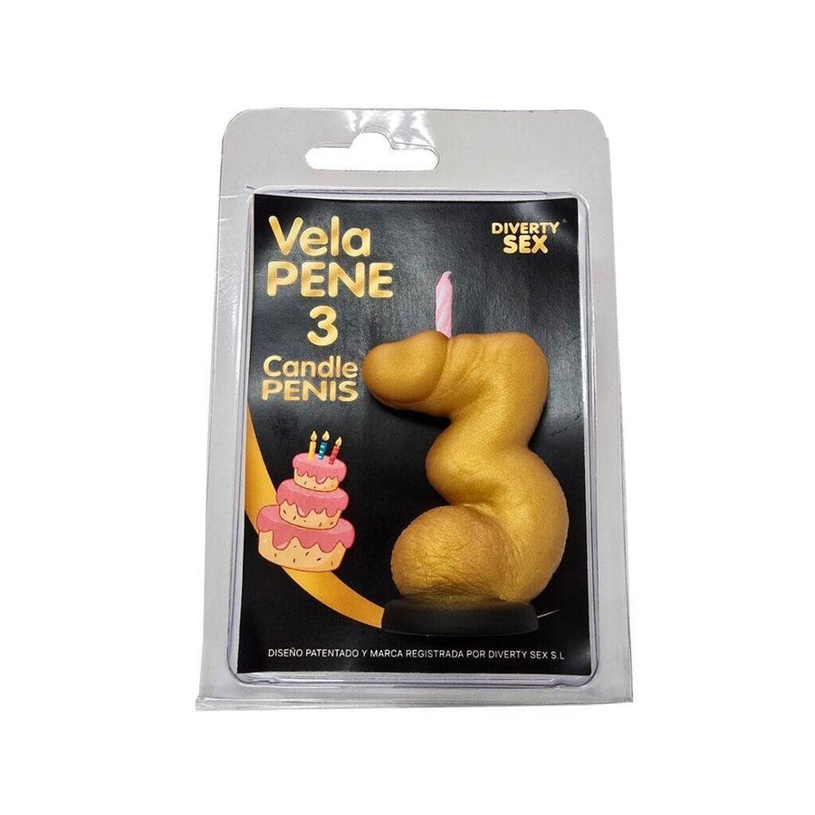 Diablo picante - vela pene en forma de número 3 color dorado