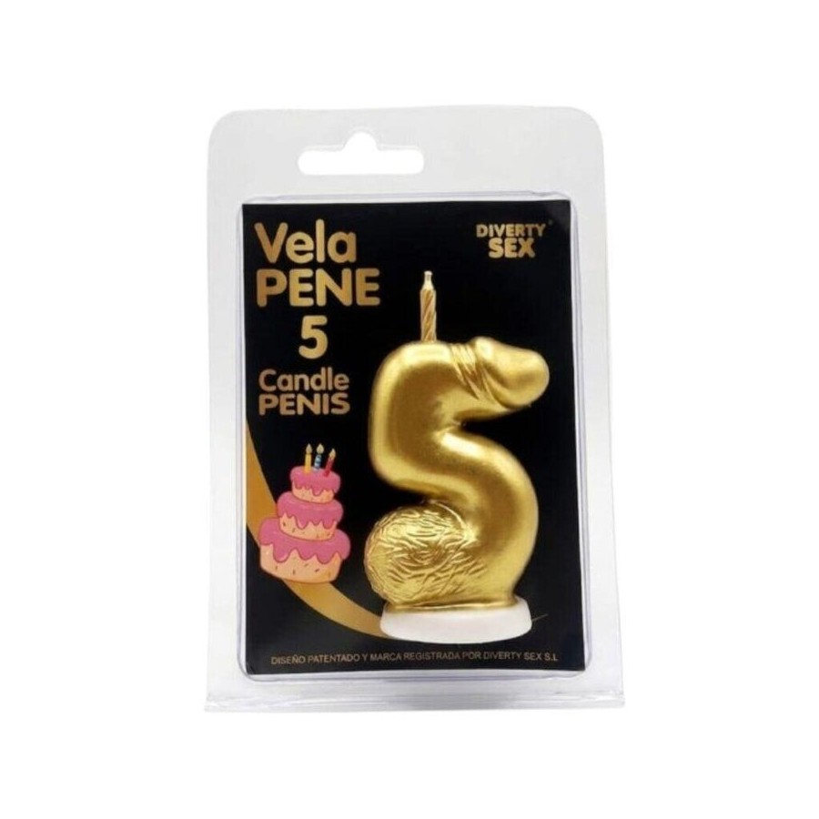 Diablo picante - vela pene en forma de número 5 color dorado