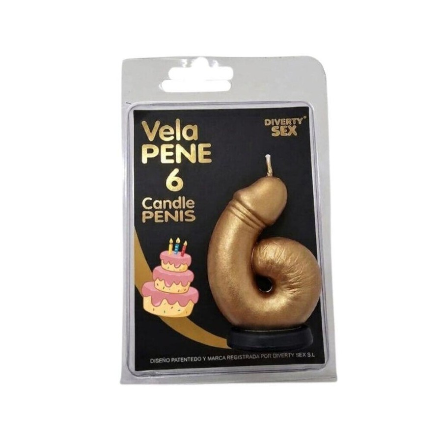 Diablo picante - vela pene en forma de número 6 color dorado