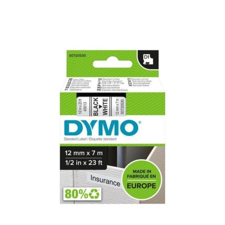 Cinta rotuladora autoadhesiva dymo d1 12mm x 7 metros de longitud para rotuladoras label manager, negro sobre blanco