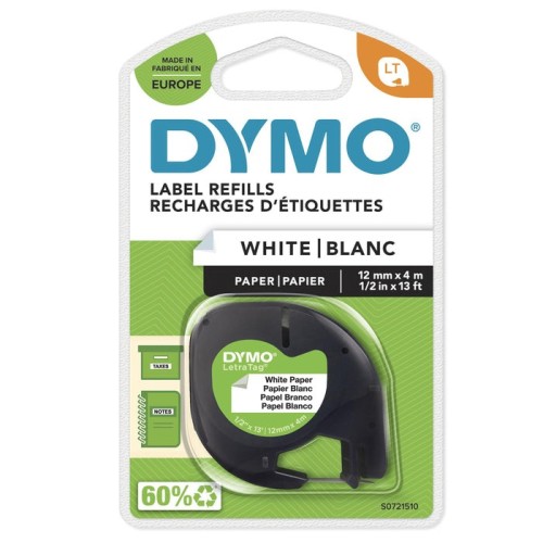 Cinta rotuladora autoadhesiva dymo papel blanco 12mm x 4 metros para rotuladoras letratag