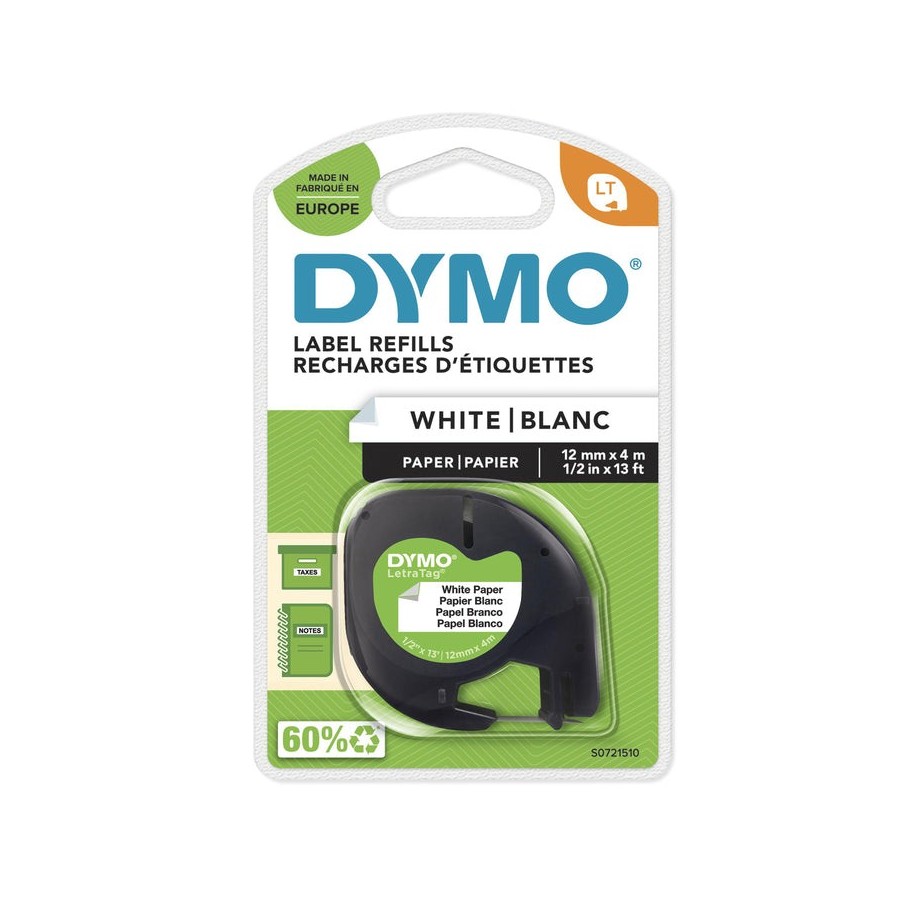 Cinta rotuladora autoadhesiva dymo papel blanco 12mm x 4 metros para rotuladoras letratag