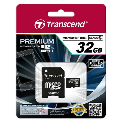 Transcend tarjeta micro sd 32gb clase 10 sdhc uhs-i con adaptador a sd