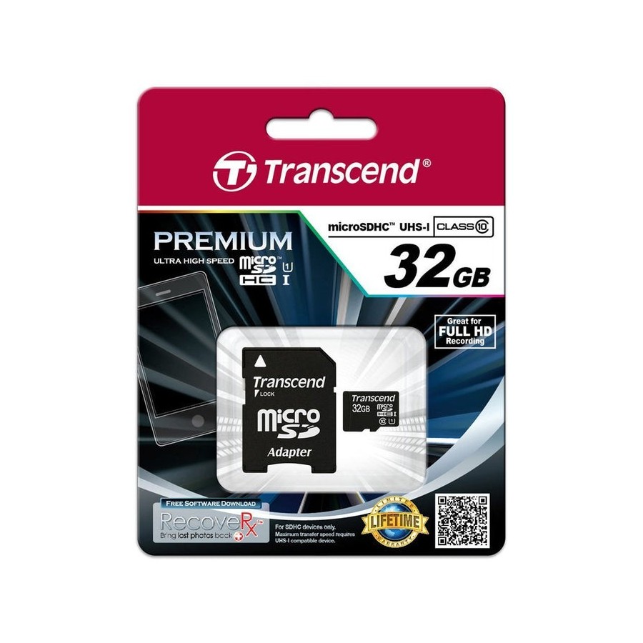 Transcend tarjeta micro sd 32gb clase 10 sdhc uhs-i con adaptador a sd