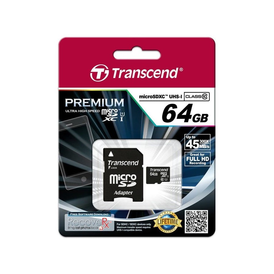 Transcend micro sd 64gb clase10 400x con adaptador a sd