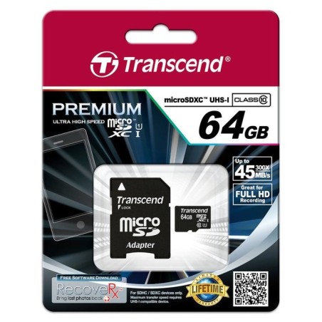 Transcend micro sd 64gb clase10 400x con adaptador a sd