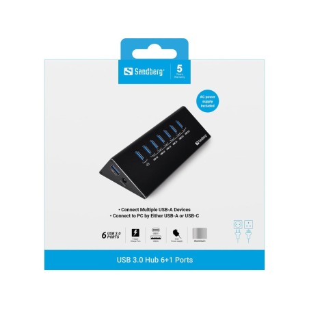 Sandberg usb 3.0 hub 7 puertos con protección de sobrecarga cable usb 3.0 de 1 m y fuente de alimentación de 230v incluida