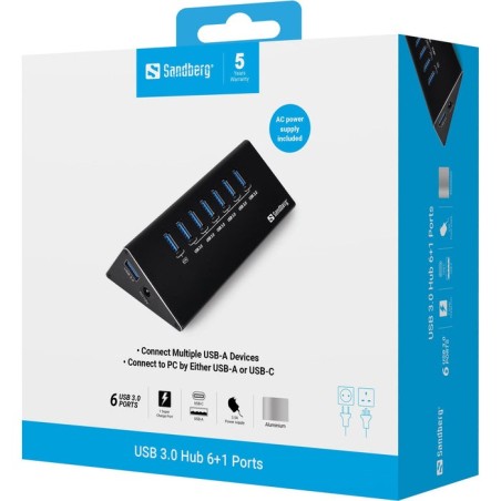 Sandberg usb 3.0 hub 7 puertos con protección de sobrecarga cable usb 3.0 de 1 m y fuente de alimentación de 230v incluida