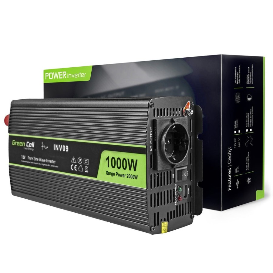 Inversor de voltaje para automóvil de green cell ® 12v a 230v, 1000w / 2000w de onda sinusoidal completa
