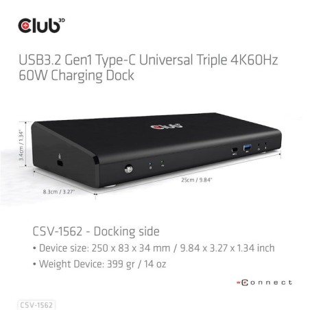 Club3d csv-1562 base para portátil y replicador de puertos acoplamiento negro