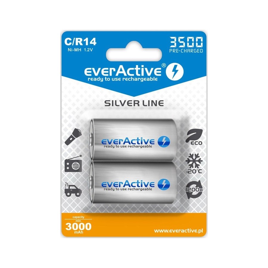 Baterías recargables everactive r14 / c ni-mh 3500 mah listas para usar