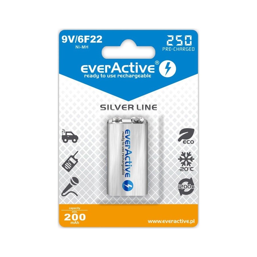 Batería recargables everactive ni-mh 6f22 9v 250 mah silver line