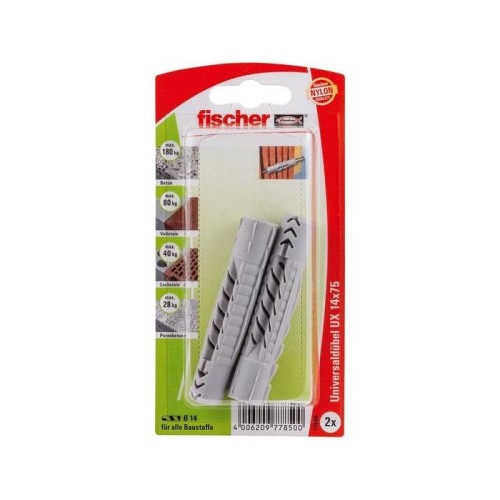 Fischer taco universal ux 14x75 k gris claro, 2 unidades 77850