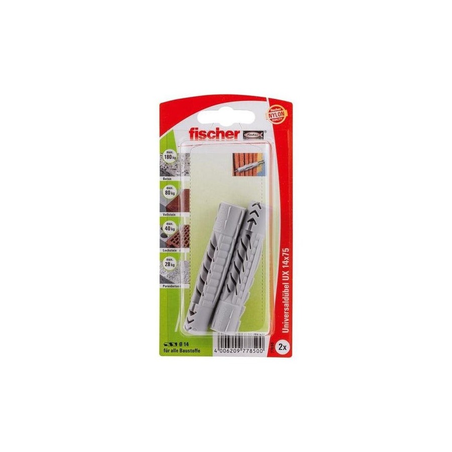 Fischer taco universal ux 14x75 k gris claro, 2 unidades 77850
