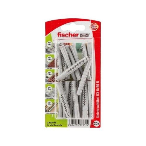 Taco universal fischer ux 6x50 rk gris claro, 20 piezas 77852