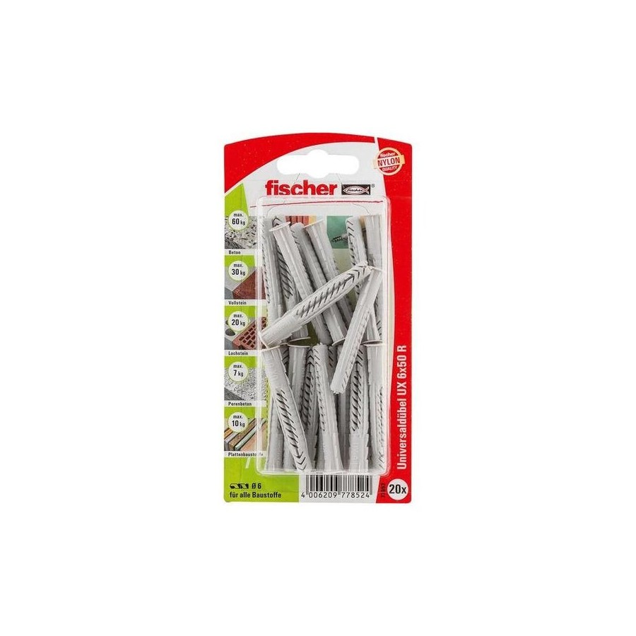Taco universal fischer ux 6x50 rk gris claro, 20 piezas 77852