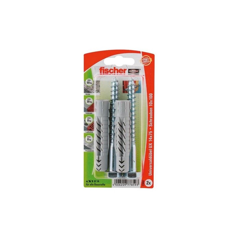 Fischer taco universal ux 14x75 sk gris claro, 2 piezas, con tornillo 77859